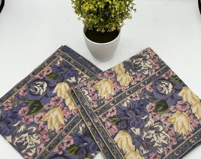 Set 2 Vintage Cotton Napkins Purple Floral Tulip Rose Cottagecore