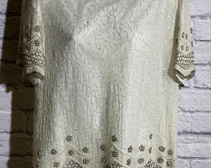 Vintage 80s Laurence Kazar Cream Beaded Lace Top Formal XL