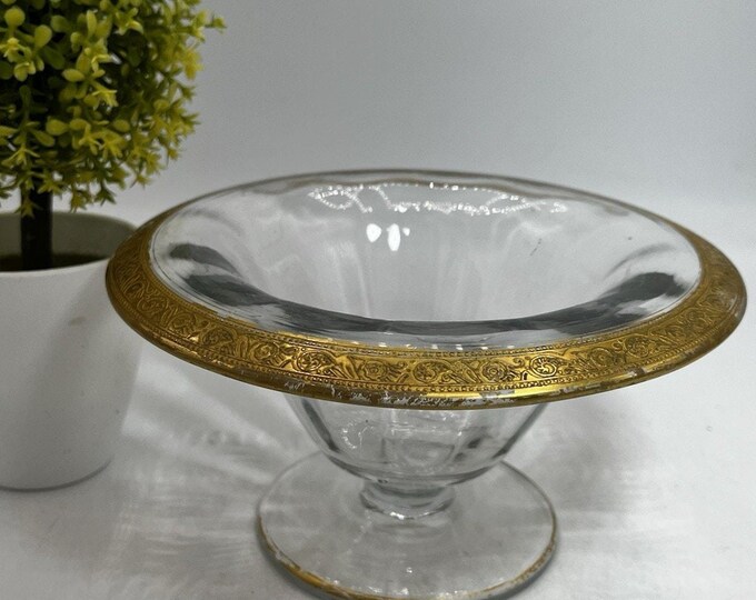 Vintage Italian Crystal Footed Compote Bowl Gold Rim Berry Jam Dish