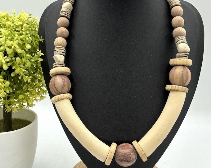 Vintage Wood Bead Necklace Boho Tribal Natural Earth Tone 18 Inch