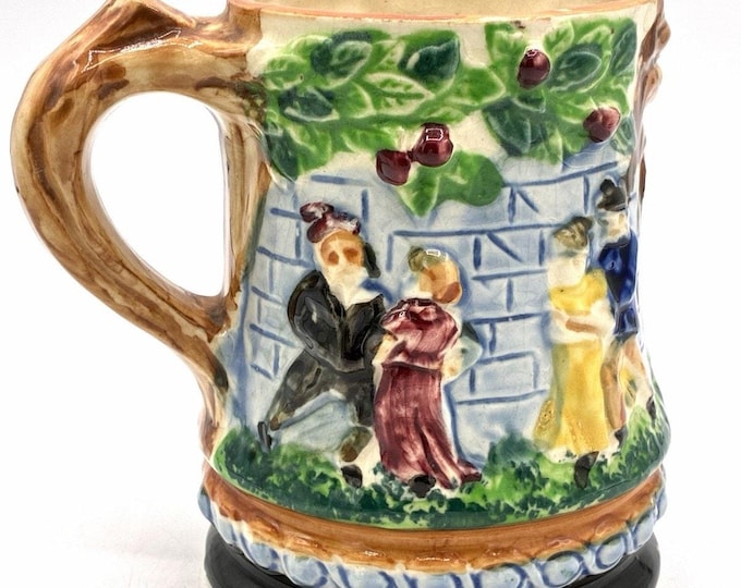 Vintage Japan Beer Stein Tankard 5” Raised Tavern Scene Ceramic Mug Figural