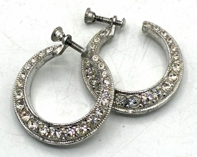 Vintage Rhinestone Pave Hoop Earrings Screw-Back Small Hoops