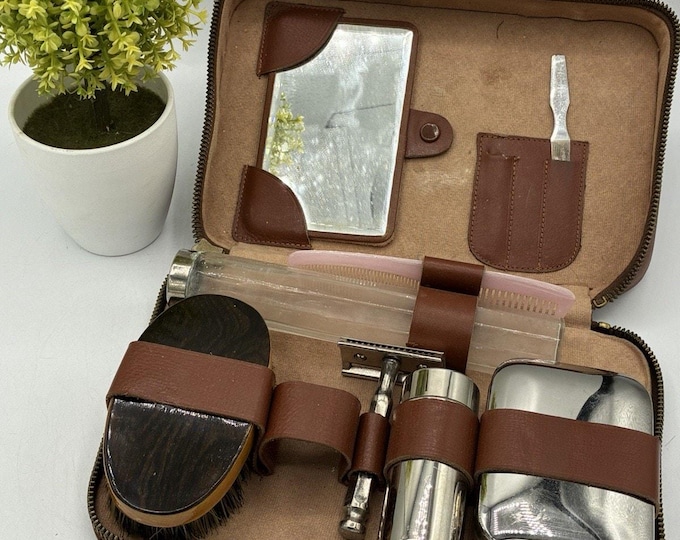 Vintage German Leather Men’s Travel Grooming Set Drei Hieb Solingen
