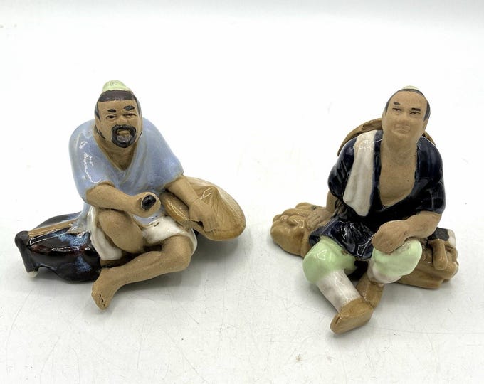 Vintage Chinese Mudman Style Ceramic Figurines Pair Seated Men 3” AS IS