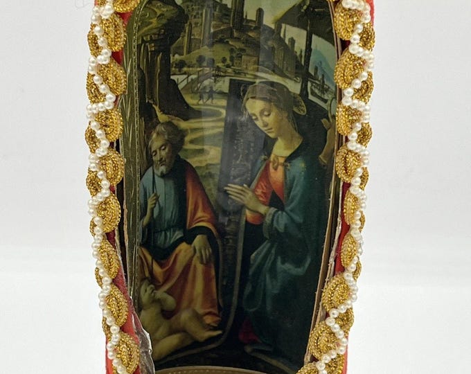 VTG 70s Christmas Nativity Diorama Canister Handmade Felt Ric Rac Trim 14”x3”