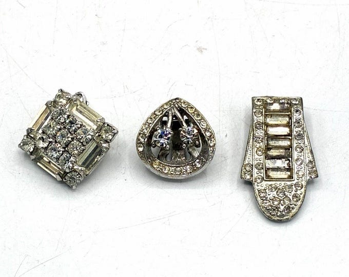 Vintage Rhinestone Clip Earrings Lot of 3 Mismatched Art Deco Style