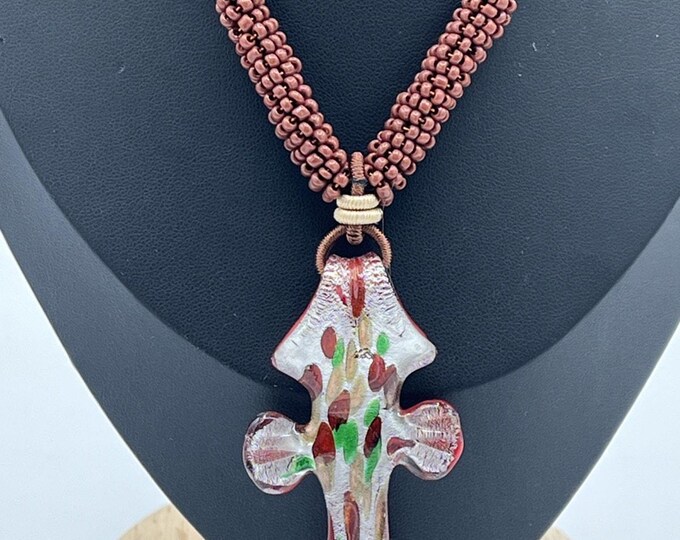 Handmade Beaded Leather Cord Necklace Art Glass Cross Pendant Statement