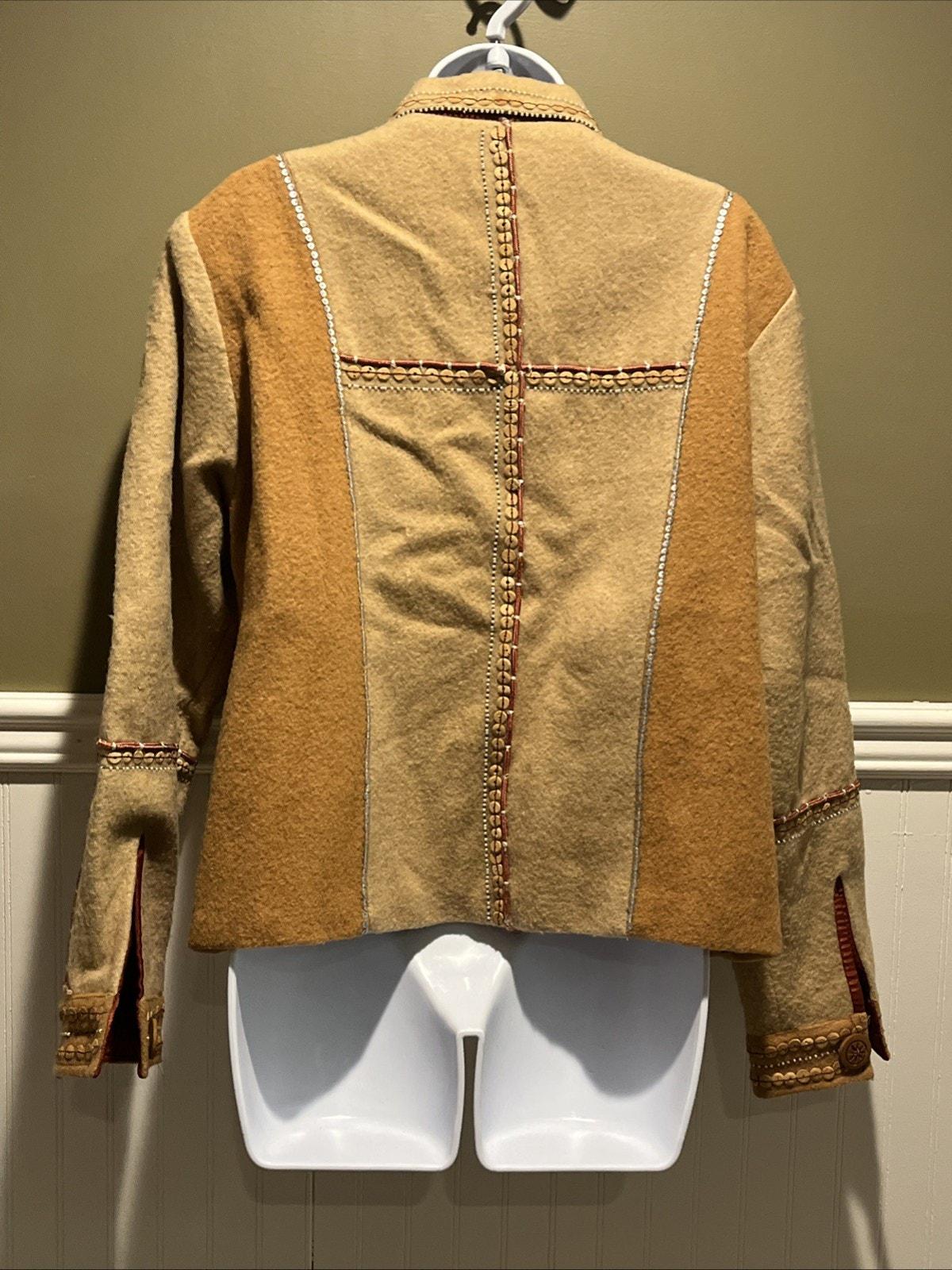Vtg Sandy Starkman Tan Jacket Womens L Embroidered Embellished