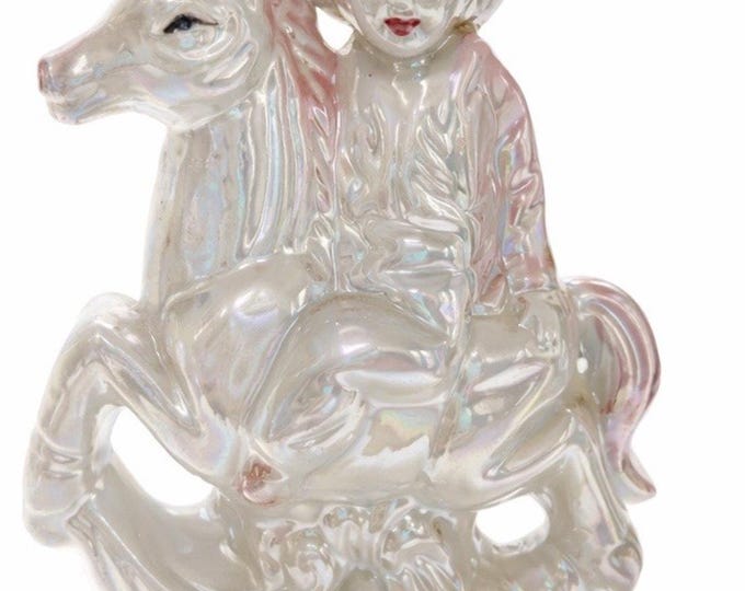 Vintage Iridescent Lusterware Ceramic Boy Riding Unicorn Figurine 7" Made China