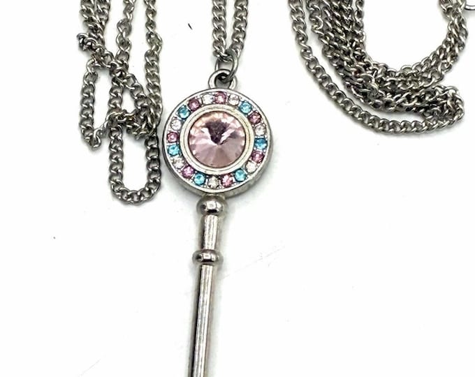 Silver Tone Skeleton Key Necklace Pink Blue Rhinestones Long Pendant 30”