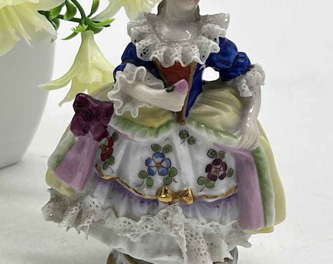 Royal Vienna Beehive Mark Porcelain Lace Lady Figurine Victorian Woman Austria 3.5"