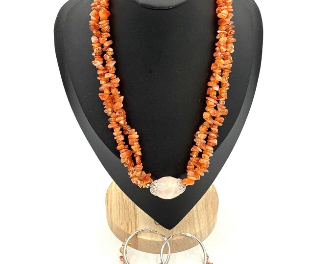 Vintage Carnelian Chip Necklace Rose Quartz Focal Bead Matching Hoop Earrings