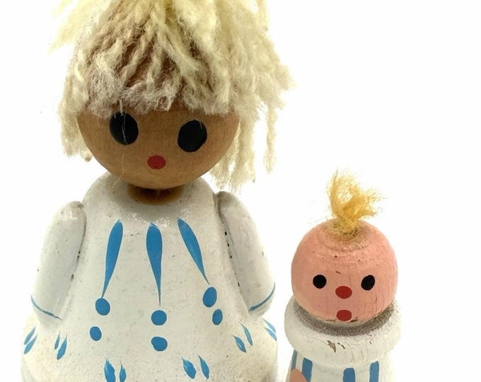 Vintage Wooden Mother Baby Doll Bell Ornament Hand Painted Folk Art 2”
