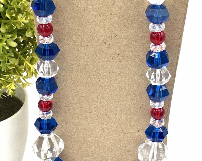 Vintage Trifari Crown TM Necklace 28” Red White Blue Faceted Beads Signed