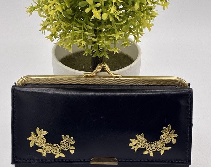 Vintage Black Leather Wallet Gold Floral Clasp Coin Purse