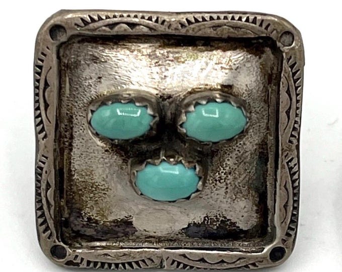 Vintage Sterling Silver Turquoise 3 Stone Square Brooch Pin Southwestern 7/8