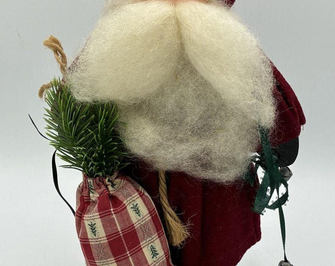 Vintage 11” Wood Body Santa Claus Cotton Beard Sack Bells Christmas Folk Decor