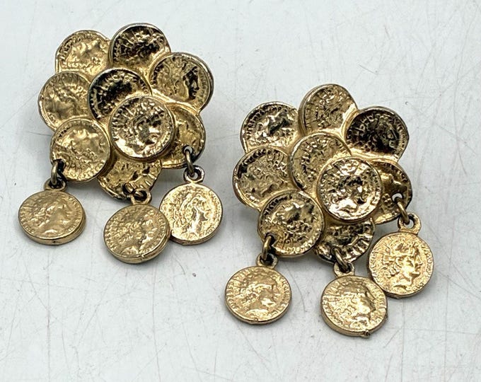 Vintage Accessocraft NYC Roman Coin Cluster Earrings Gold Tone Dangle