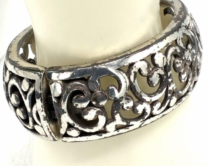 Vintage Silver Tone Filigree Cuff Bracelet – Wide Hinged Scroll Openwork