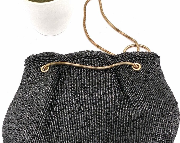 Walborg Vintage Black Seed Bead Evening Bag Purse Gold Snake Chain Korea 7.5"