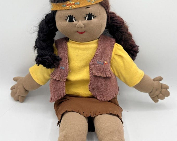 Vintage Handmade Cabbage Patch Plush Doll Native American Braids Headband