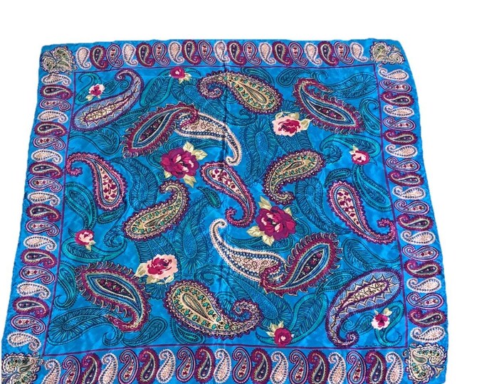 Oscar de la Renta Blue Paisley Floral Scarf Square 31" Signed Vintage
