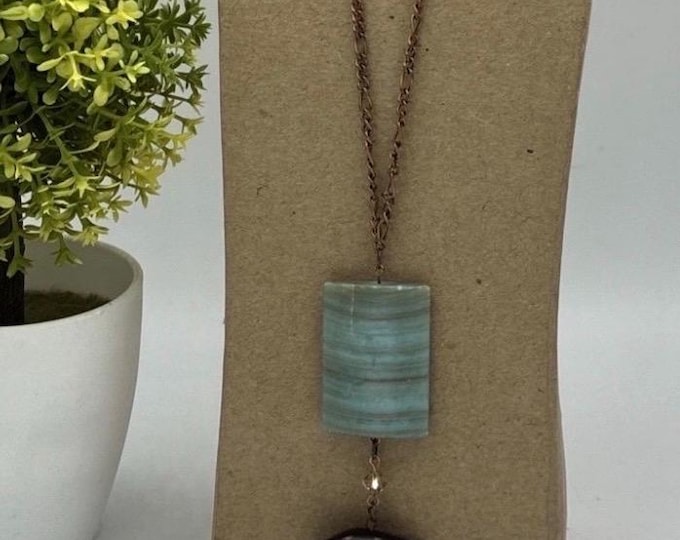 Vintage Teal Green Stone and Dark Wood Bead Necklace Boho Oval Pendant Mesh Chain