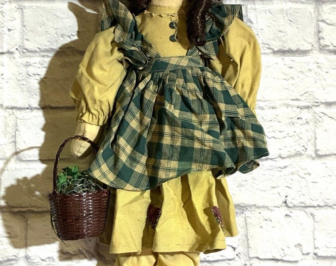 Vintage Handmade Primitive Rag Doll Wall Hanging Watermelon Basket 19”