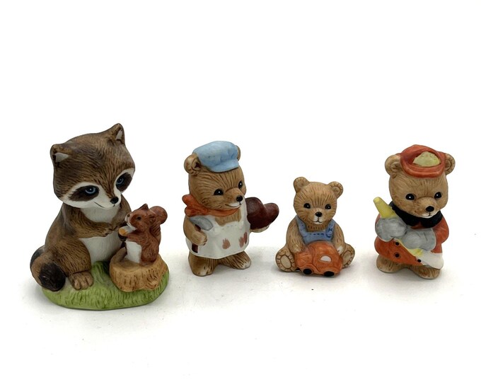 Vintage Homco Bear Raccoon Squirrel Animal Figurine Set 4 Home Interiors
