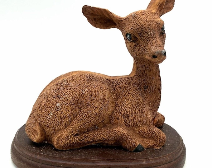 Vintage Deer Figurine Doe Resting on Wood Base Rustic Woodland Decor 5”