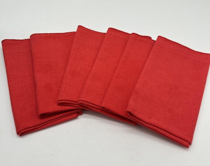 Set of 6 Vintage Red Linen Napkins • 16x17 • Preowned • Some Staining