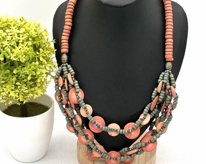 Vintage Multi Strand Wood Bead Disc Necklace 24” Boho Statement Jewelry