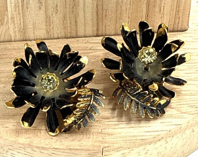 Austria Vintage Black Enamel Gold Flower Rhinestone Clip Earrings Fern Leaf