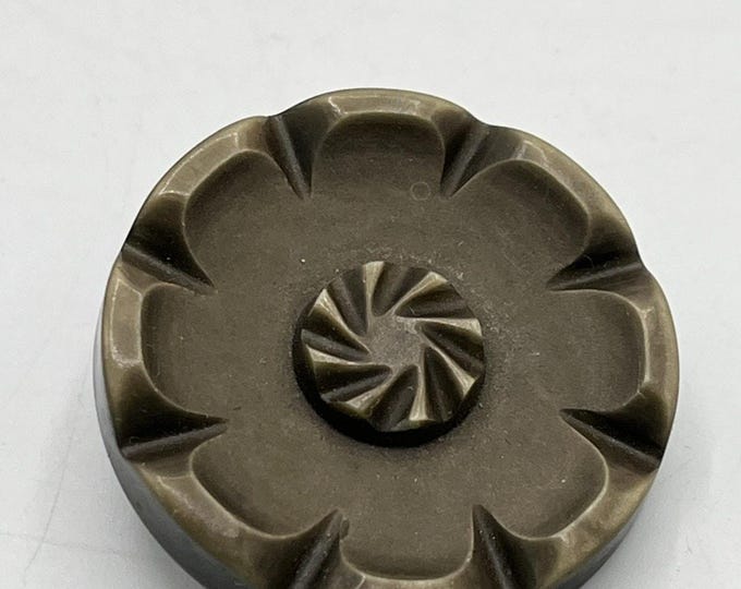 Vtg Bakelite coat button olive brown carved floral design metal shank 1. 1/2"