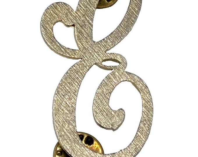 Vintage Gold Tone Script Letter E Initial Brooch Pin Brushed Textured Metal