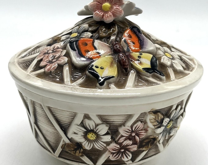 Vintage Ceramic Covered Dish – Basket Weave with 3D Flower Handle & Butterflies – Cottagecore Decor