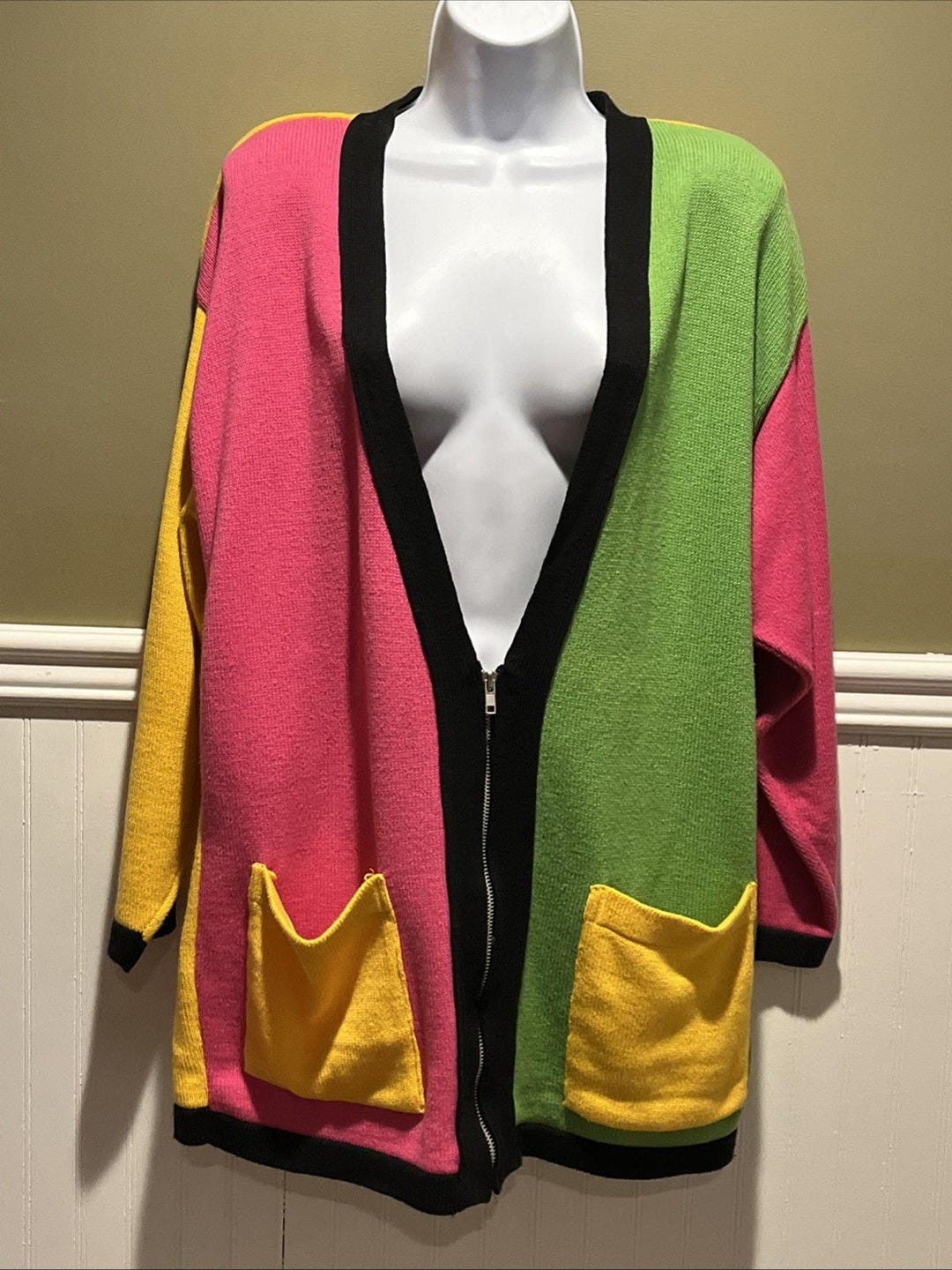 Vintage Delia Mckain Novelty 80s Colorful Colorblock Cardigan