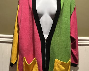 Vintage Delia Mckain Novelty 80s Colorful Colorblock Cardigan