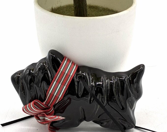 Vintage Ceramic Black Scottie Dog Christmas Ornament Plaid Bow 3 In