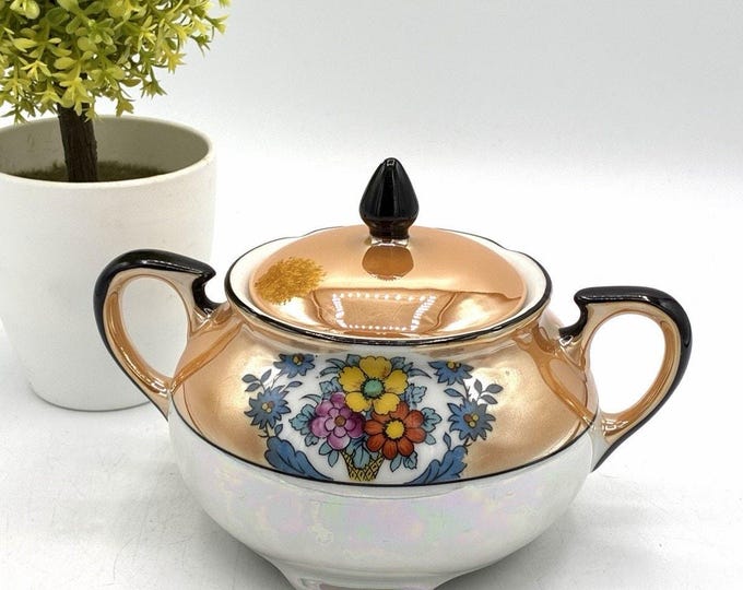 Noritake Lusterware Sugar Bowl – 1920s Hand‑Painted Floral Basket Peach & Black