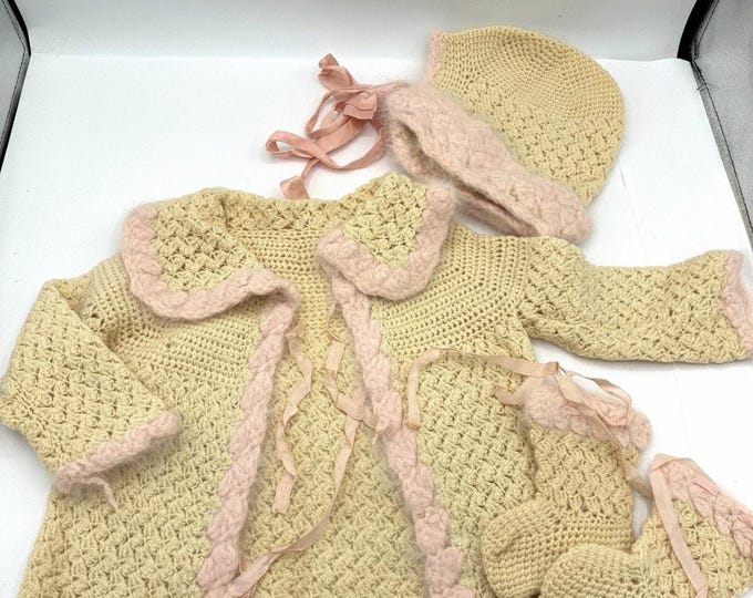 Vintage Handmade Crochet Baby Sweater Bonnet Booties Set Cream Pink Trim