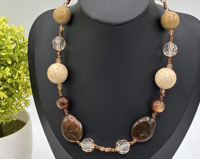 Brown Agate Crystal Beaded Necklace Copper Tone Earthy Boho 18 Inch