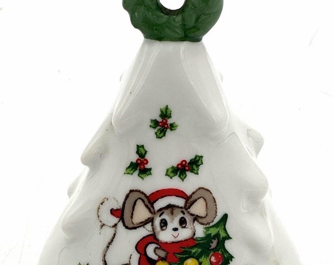 Vintage Lefton #746 Christmas Mouse Tree Bell Porcelain Holiday Decor 3.25”