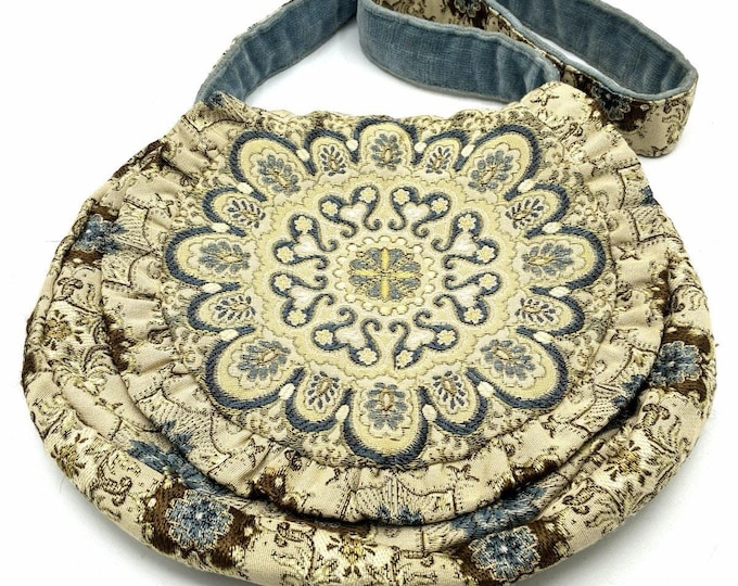 Vintage Tapestry Shoulder Bag Blue Velvet Strap Floral Medallion Boho Purse