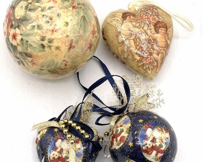 Vintage Decoupage Christmas Ornament Lot 4 May Co Santa Cherub 1991