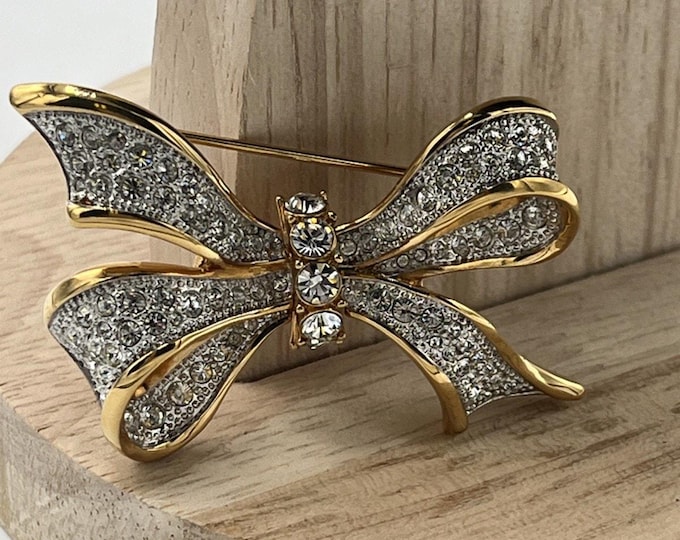 Swarovski Swan Signed Gold Crystals Bow Pin Clear Rhinestone Brooch Gorgeous