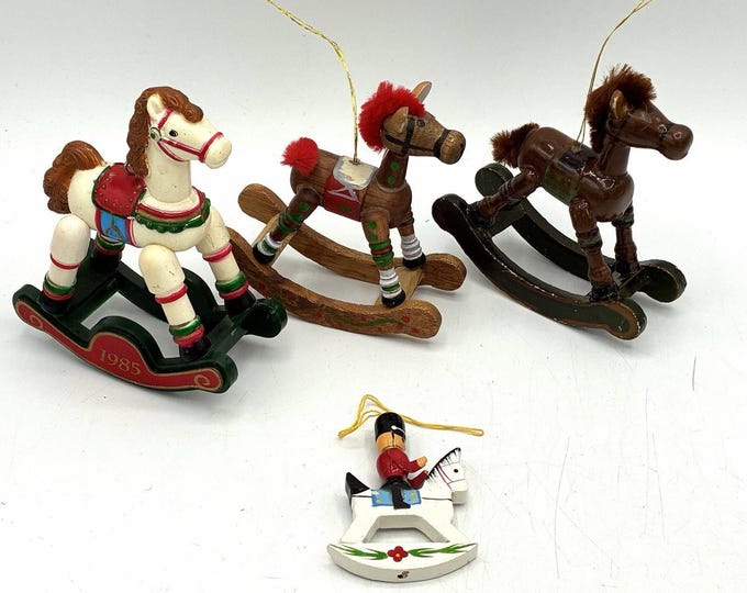 Vintage Rocking Horse Christmas Ornament Lot of 4 Rex & Lee 1985 Wood Taiwan