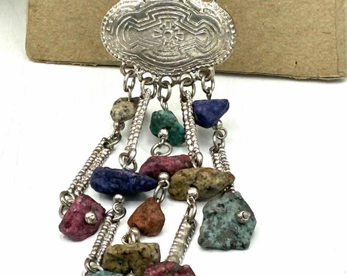 Vintage Boho Raw Gemstone Tassel Necklace Engraved Medallion Silver Tone 30in