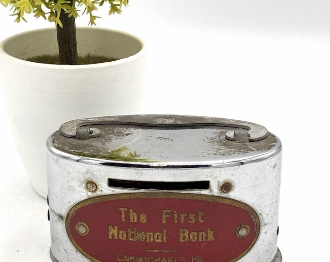 Vintage Banthrico First National Bank Carmichaels PA Chrome Oval Coin Bank