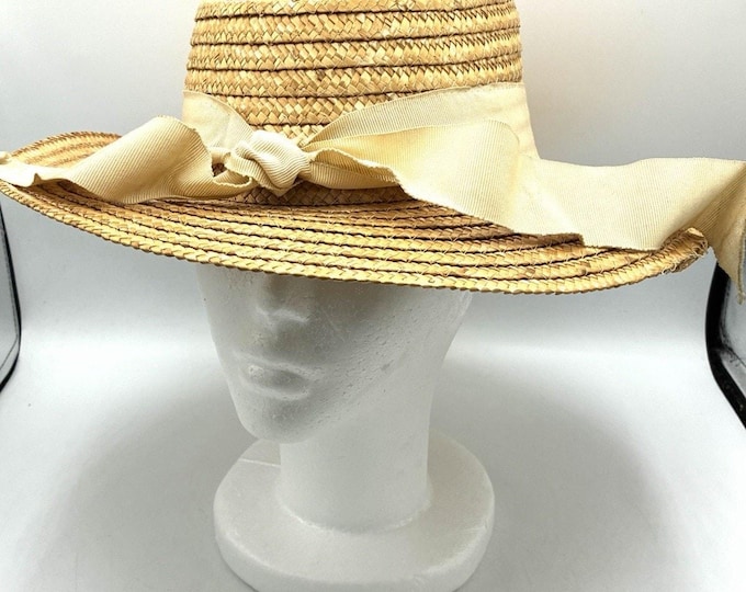 Vintage Woven Straw Wide Brim Hat Cream Grosgrain Ribbon Bow Summer Womens